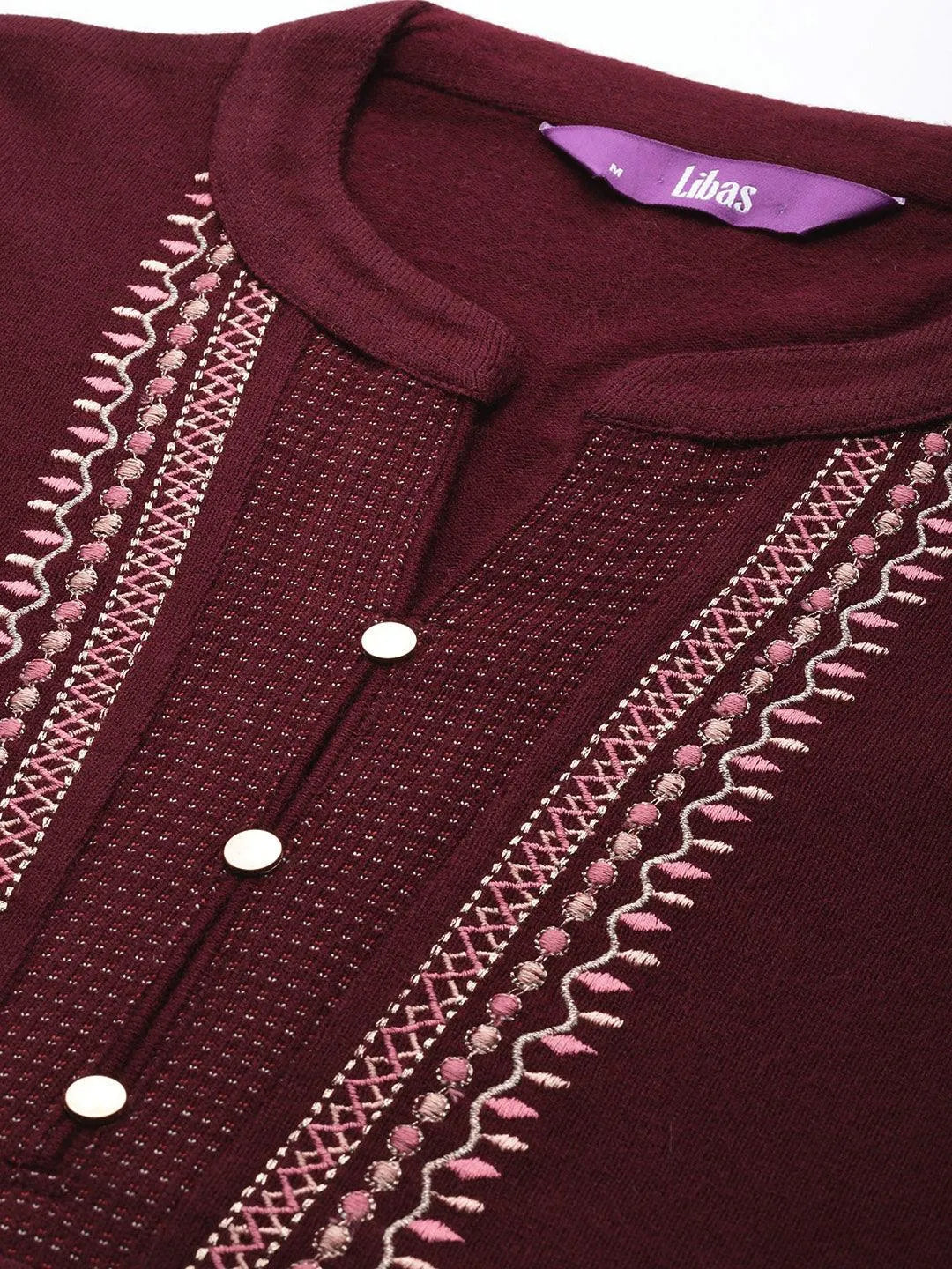 Maroon Yoke Design Wool Blend Straight Kurta With Palazzos & Dupatta - Libas 