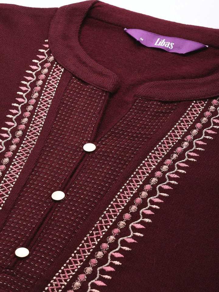 Maroon Yoke Design Wool Blend Straight Kurta With Palazzos & Dupatta - Libas