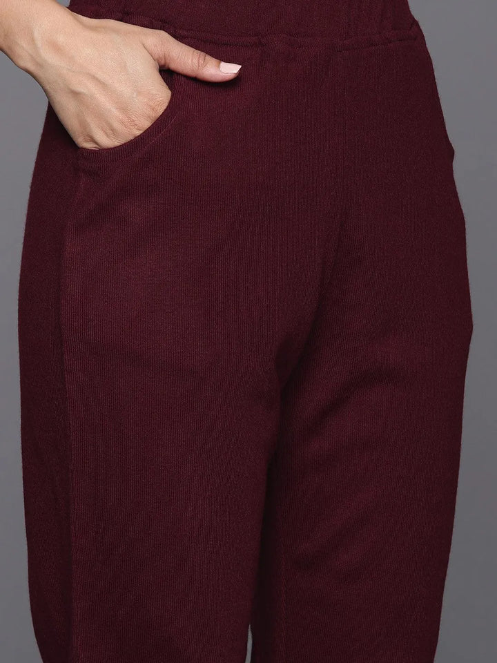 Maroon Yoke Design Wool Blend Straight Kurta With Palazzos & Dupatta - Libas