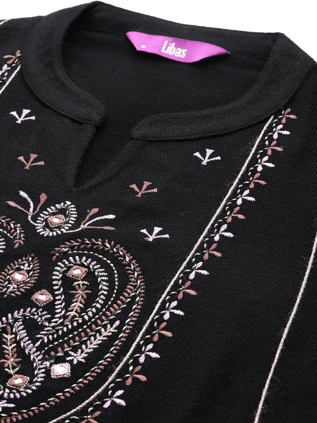 Black Yoke Design Wool Blend A-Line Kurta With Palazzos & Dupatta - Libas