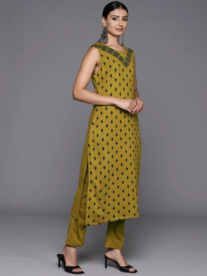 Mustard Woven Design Wool Straight Kurta With Trousers - Libas