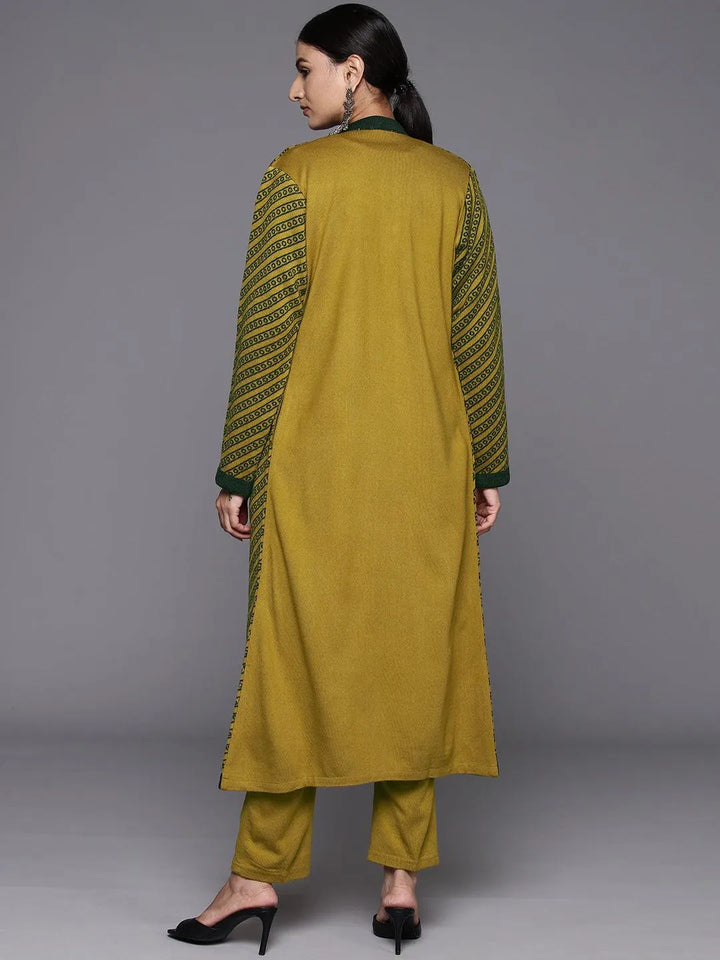 Mustard Woven Design Wool Straight Kurta With Trousers - Libas