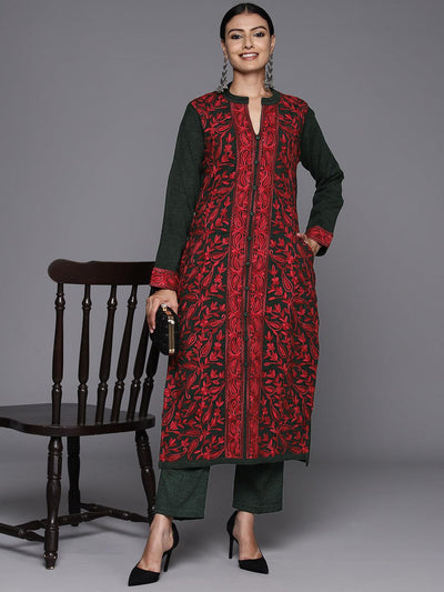 Green Embroidered Wool Straight Kurta With Trousers - Libas