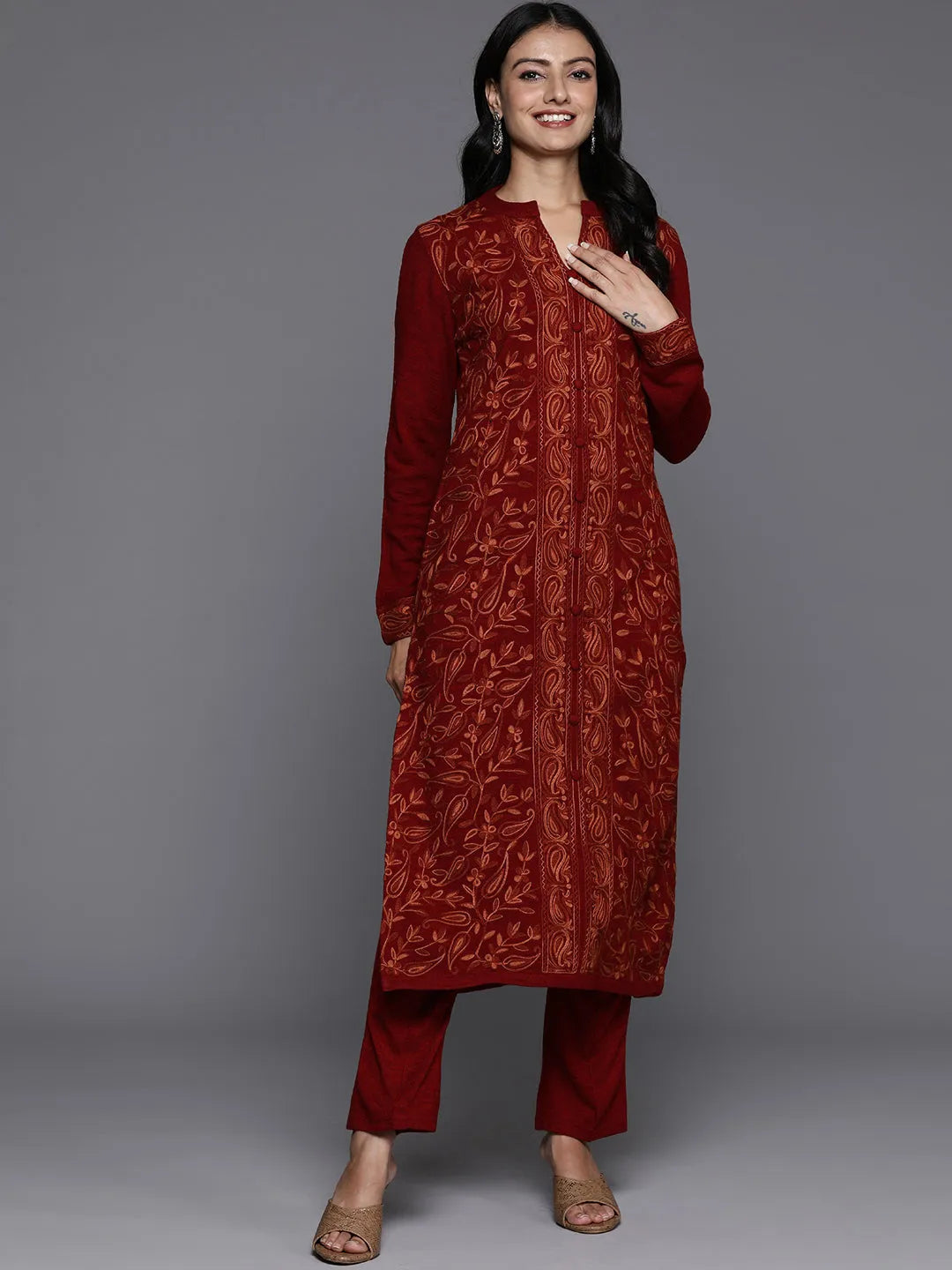  Red Embroidered Wool Straight Kurta Set 