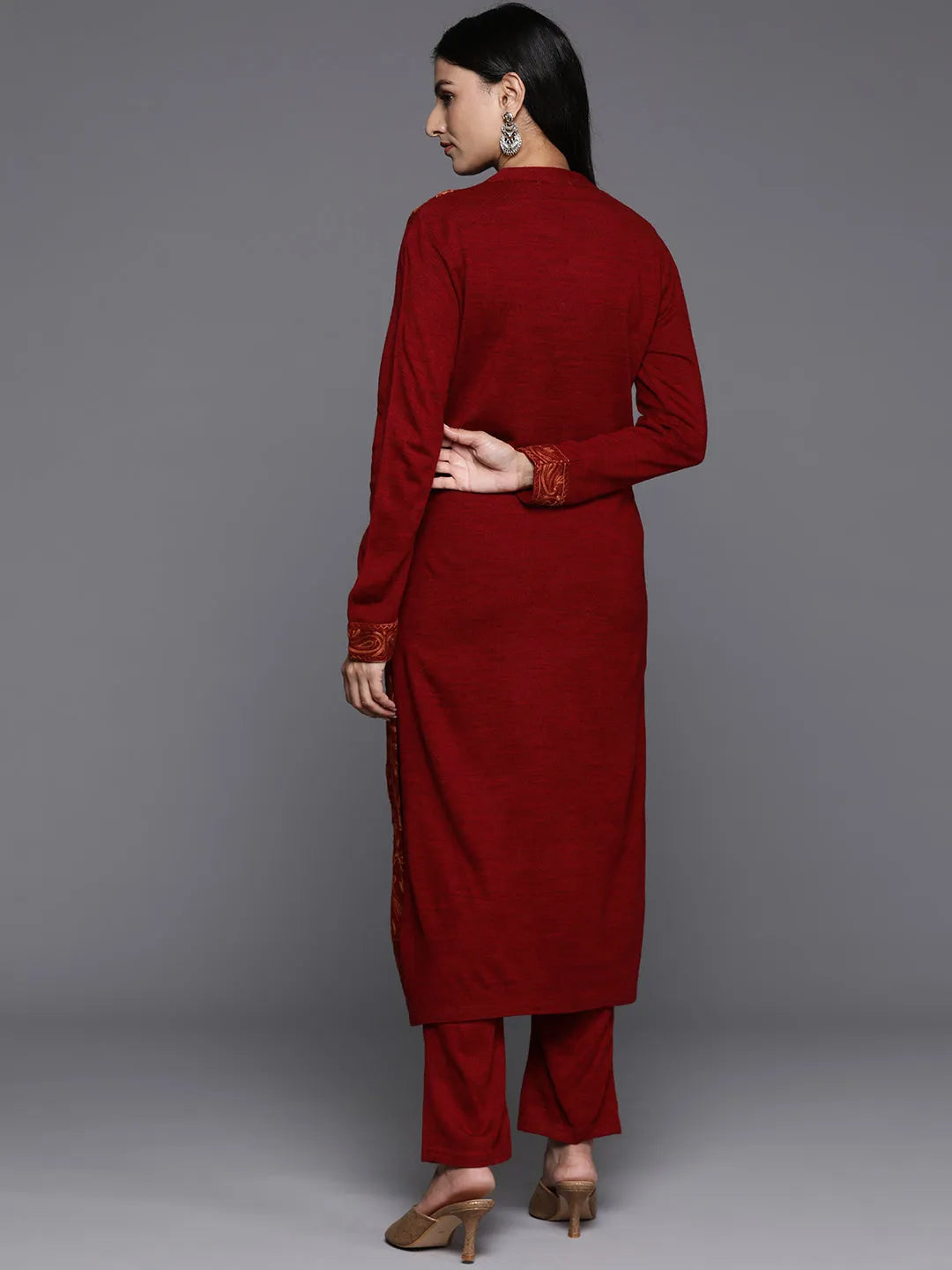  Red Embroidered Wool Straight Kurta Set 