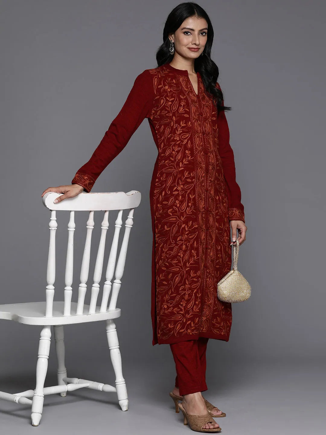  Red Embroidered Wool Straight Kurta Set 