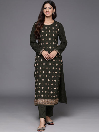 Olive Embroidered Wool Straight Kurta With Trousers - Libas