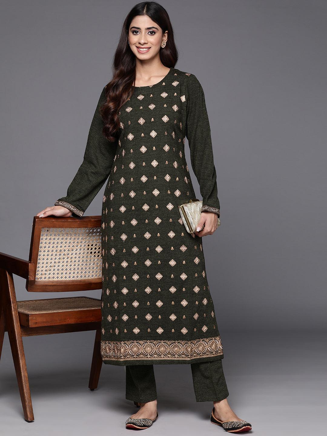 Olive Embroidered Wool Straight Kurta With Trousers - Libas