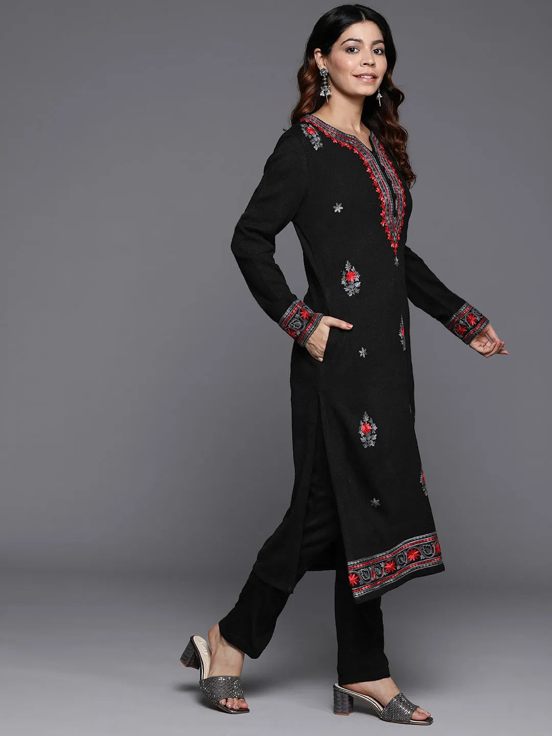  Black Embroidered Wool Straight Kurta Set 