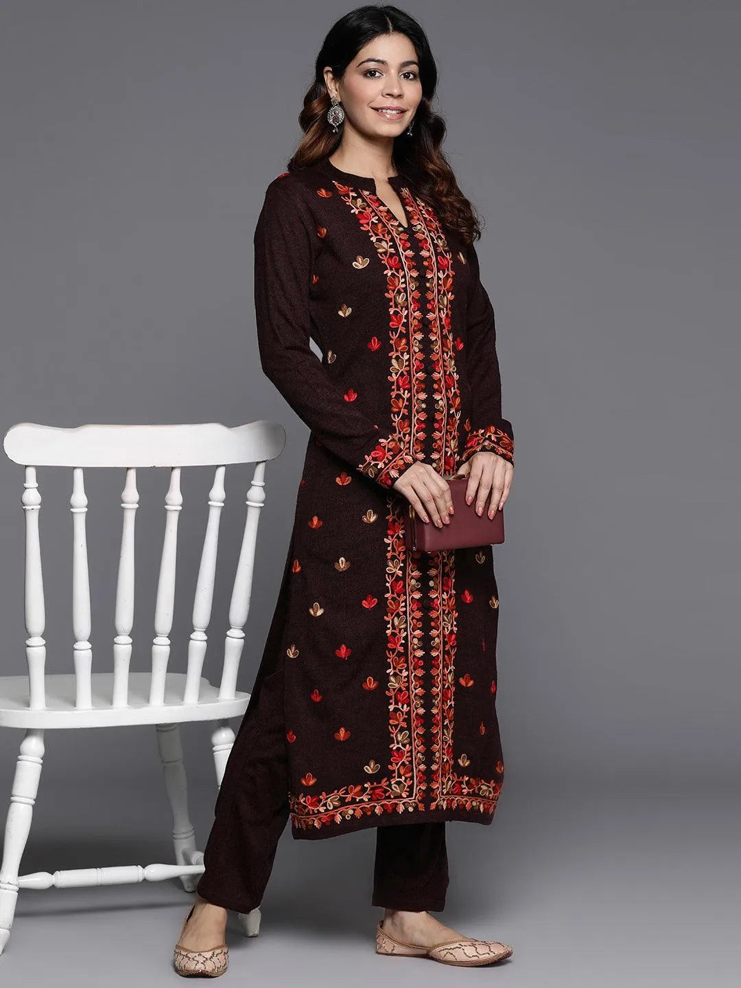 Wine Embroidered Wool Straight Kurta Set - Libas 