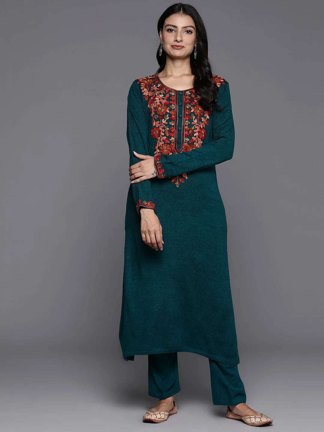  Green Yoke Design Wool Straight Kurta Set 