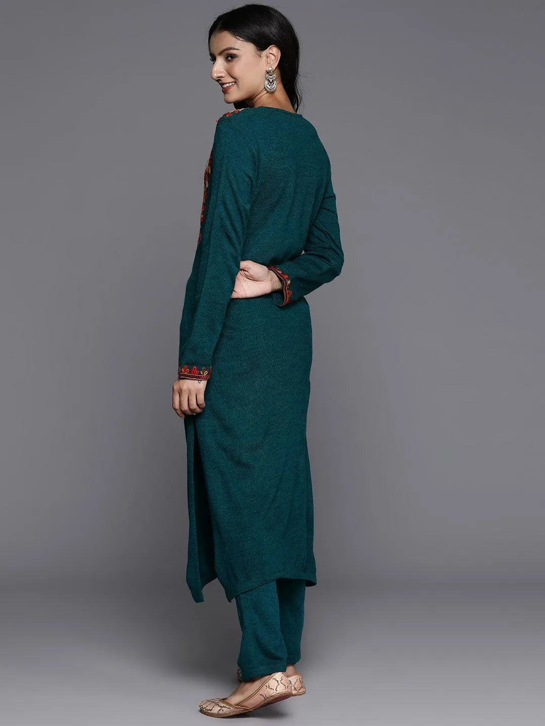  Green Yoke Design Wool Straight Kurta Set 