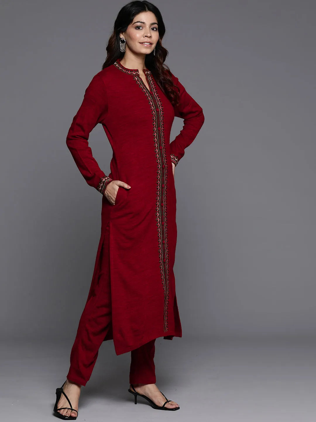  Red Embroidered Wool Straight Kurta Set 