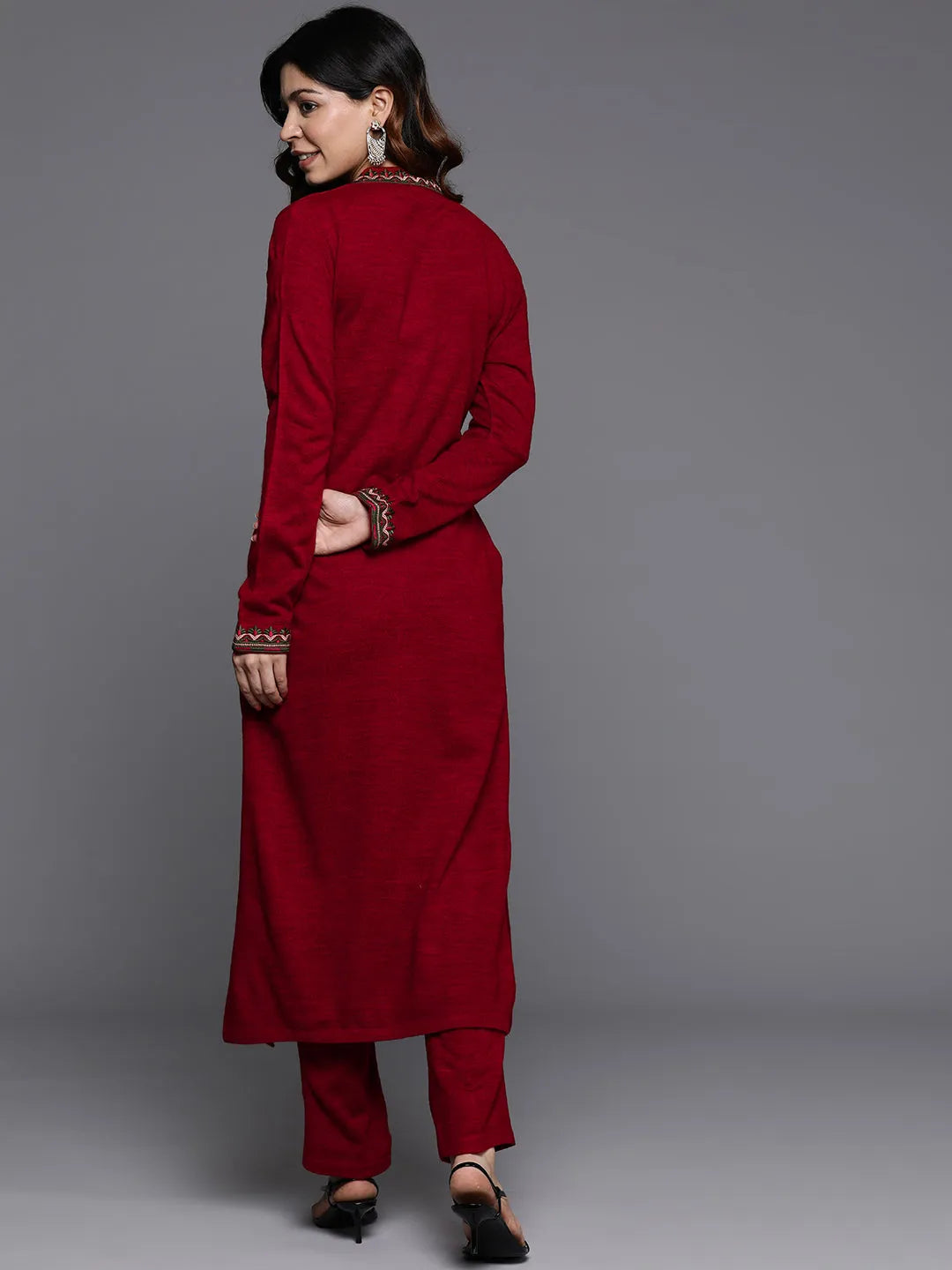  Red Embroidered Wool Straight Kurta Set 