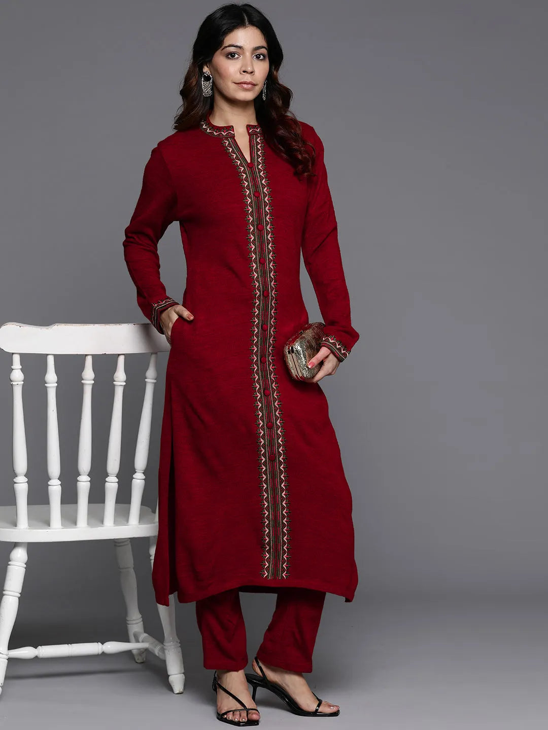  Red Embroidered Wool Straight Kurta Set 