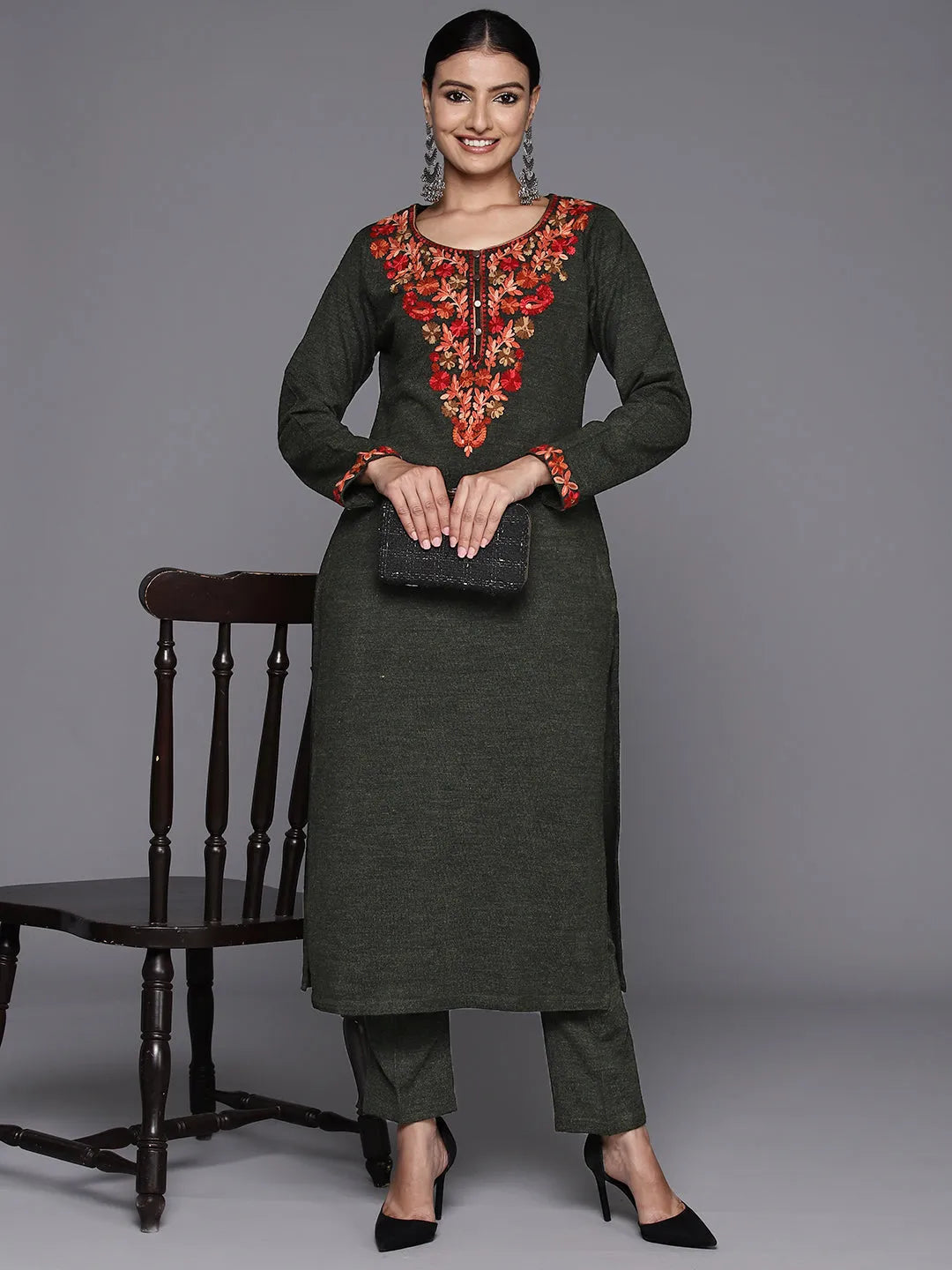  Green Yoke Design Wool Straight Kurta Set 