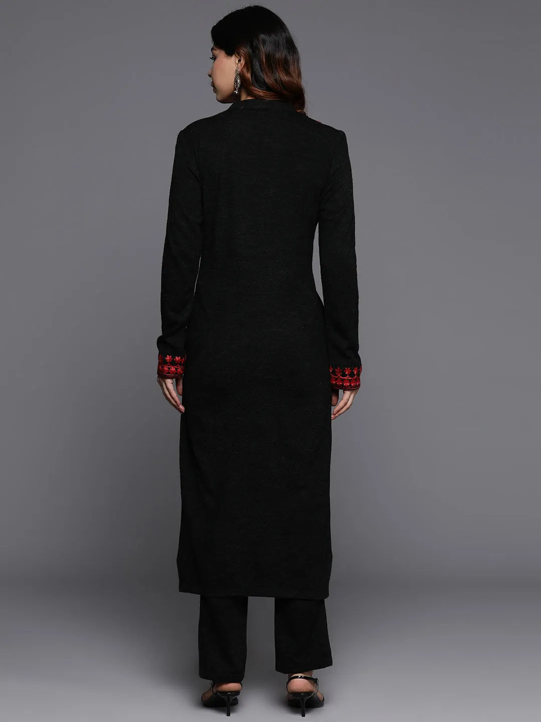  Black Embroidered Wool Straight Kurta Set 