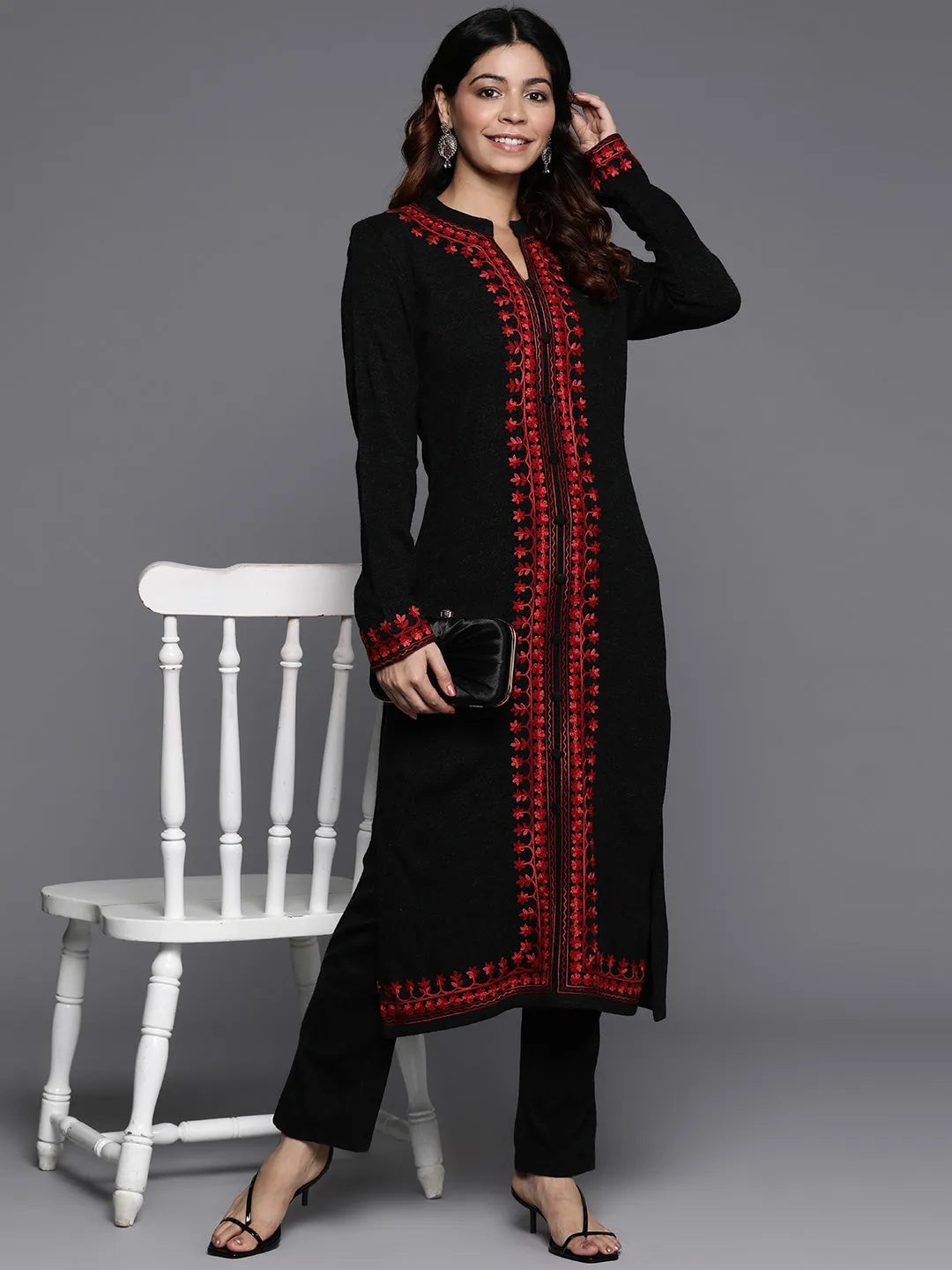  Black Embroidered Wool Straight Kurta Set 