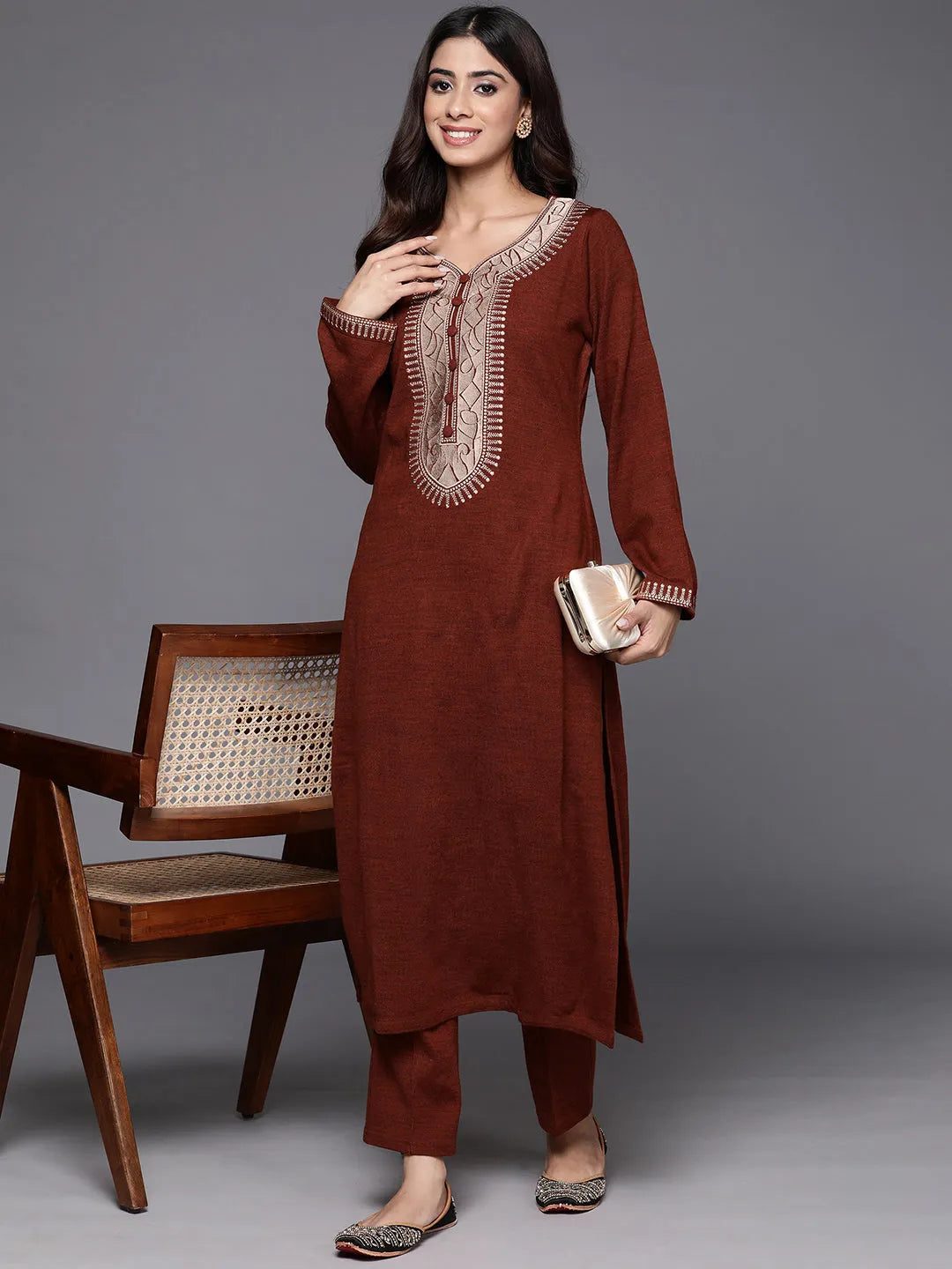  Wine Yoke Design Wool Straight Kurta Set 