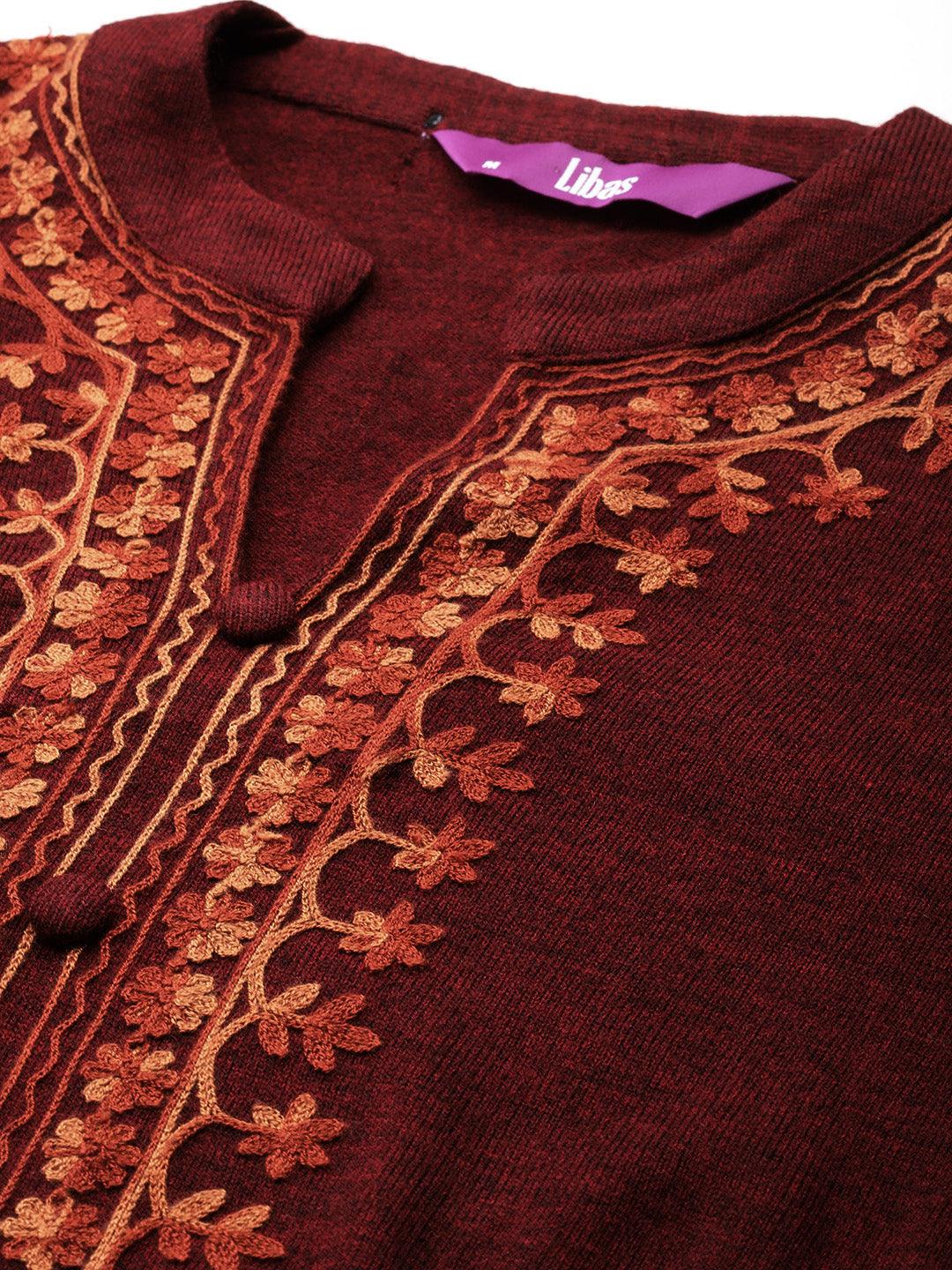 Maroon Embroidered Wool Straight Kurta Set