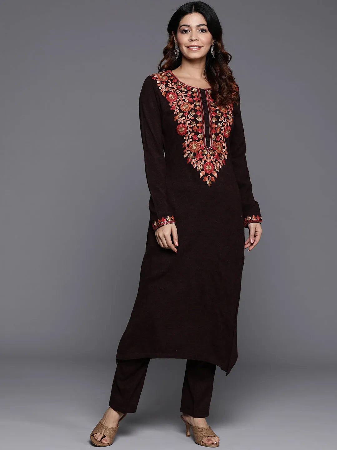  Wine Yoke Design Wool Straight Kurta Set 