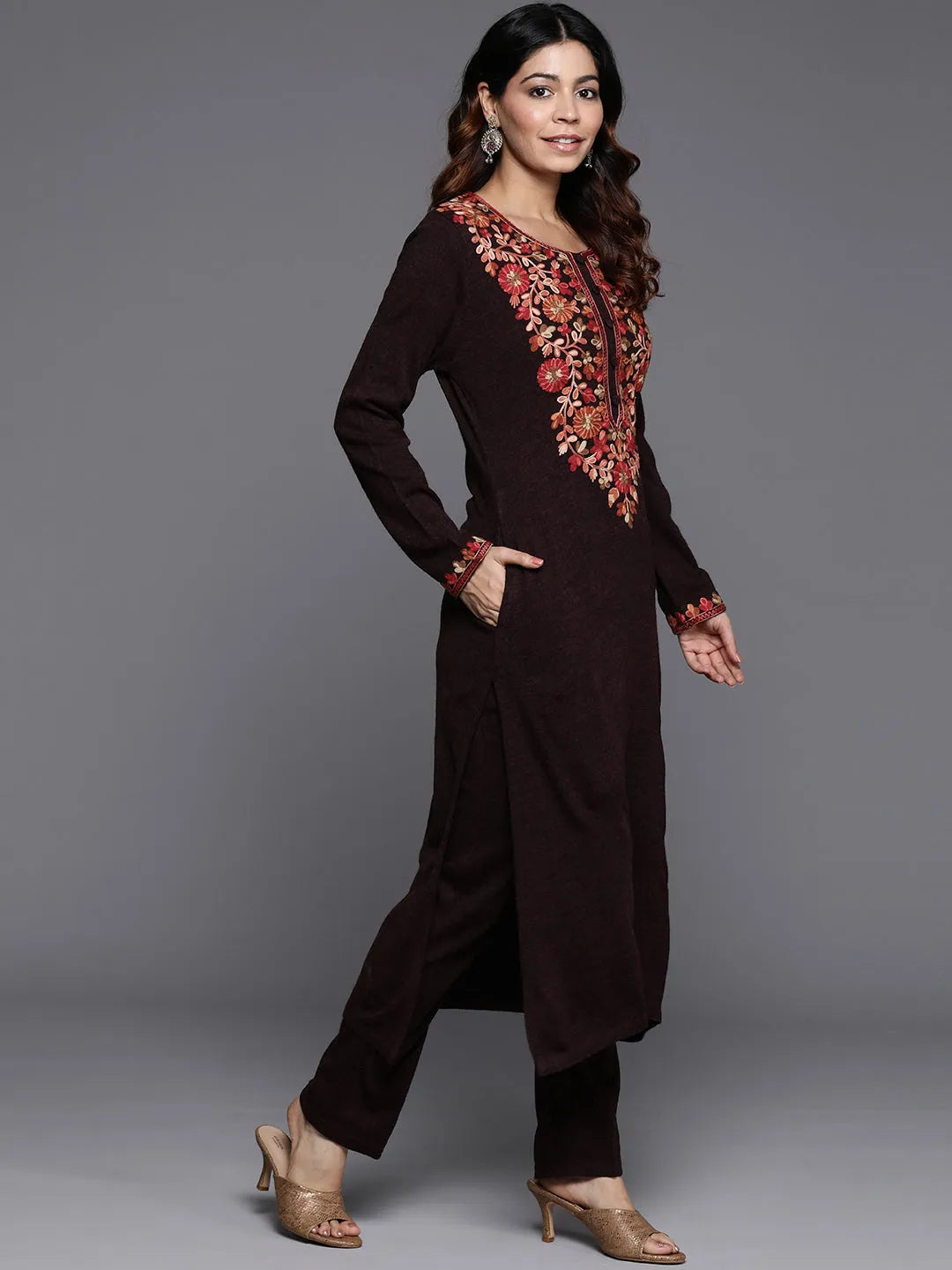  Wine Yoke Design Wool Straight Kurta Set 
