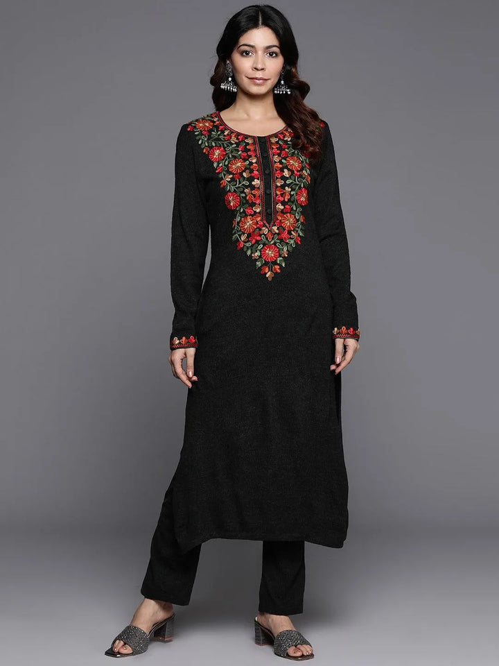 Black Yoke Design Wool Straight Kurta Set - Libas