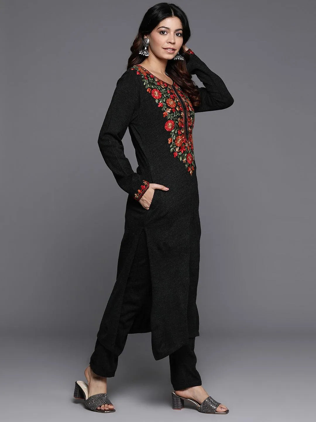 Black Yoke Design Wool Straight Kurta Set - Libas