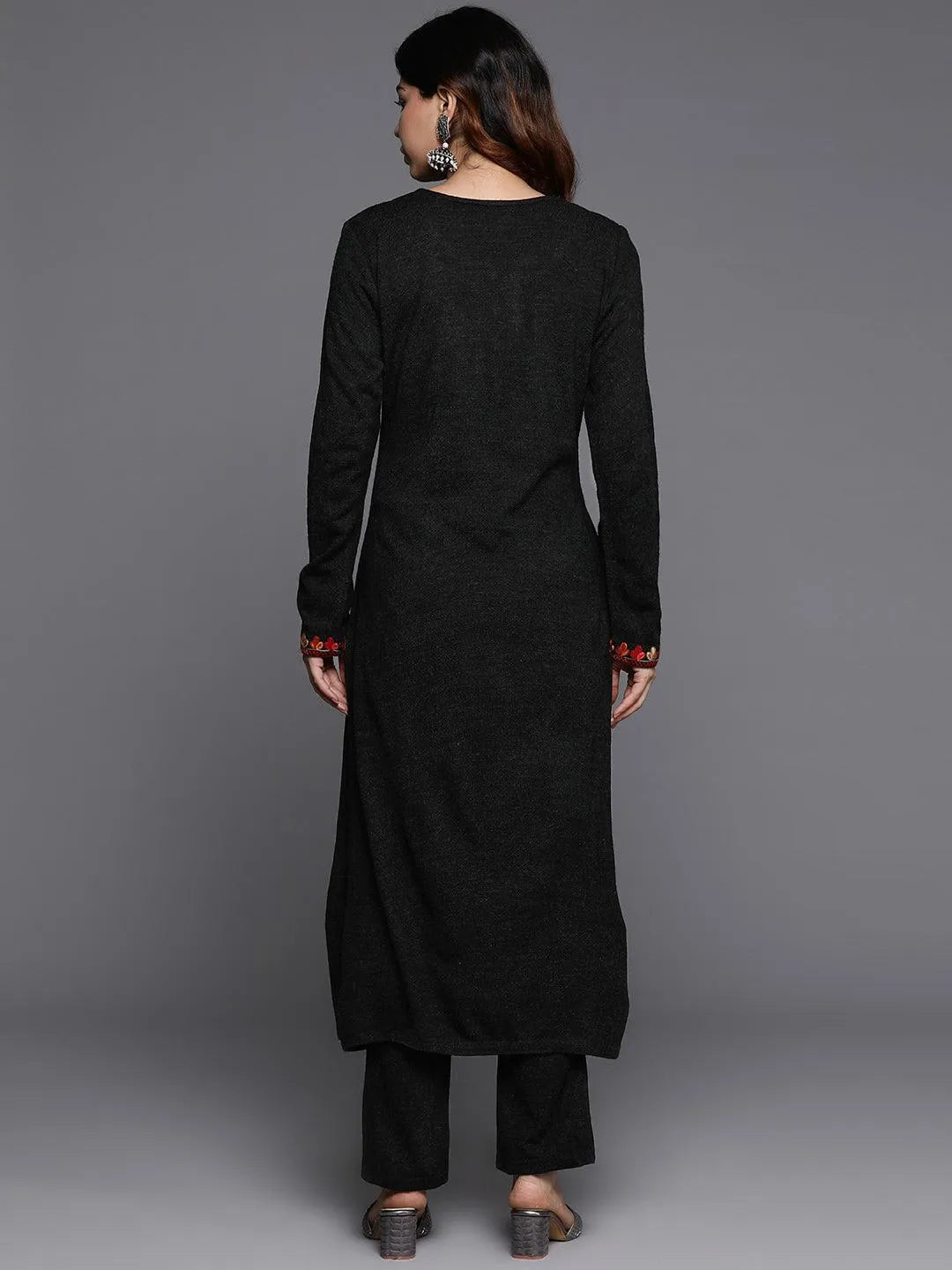Black Yoke Design Wool Straight Kurta Set - Libas 