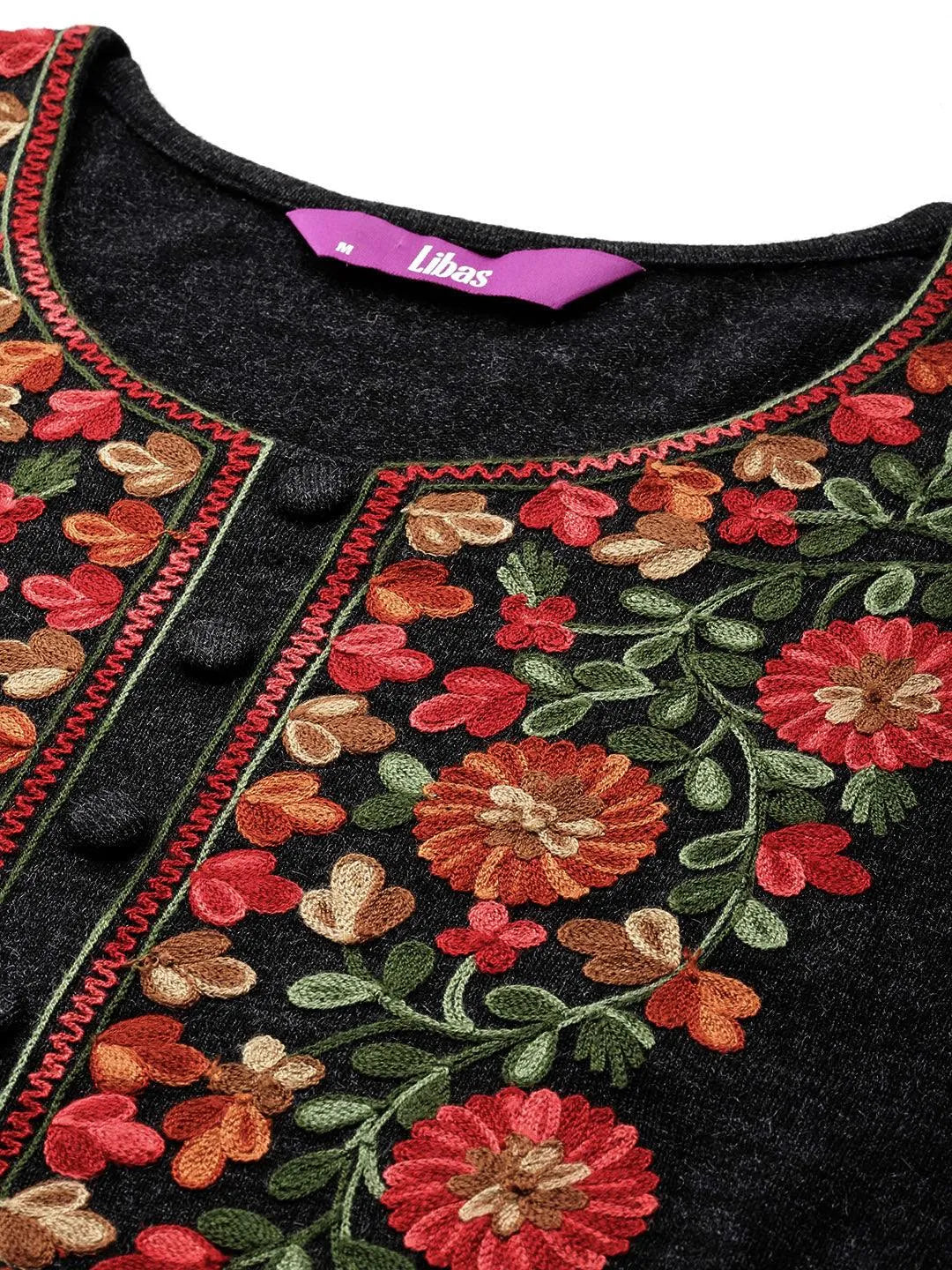 Black Yoke Design Wool Straight Kurta Set - Libas 