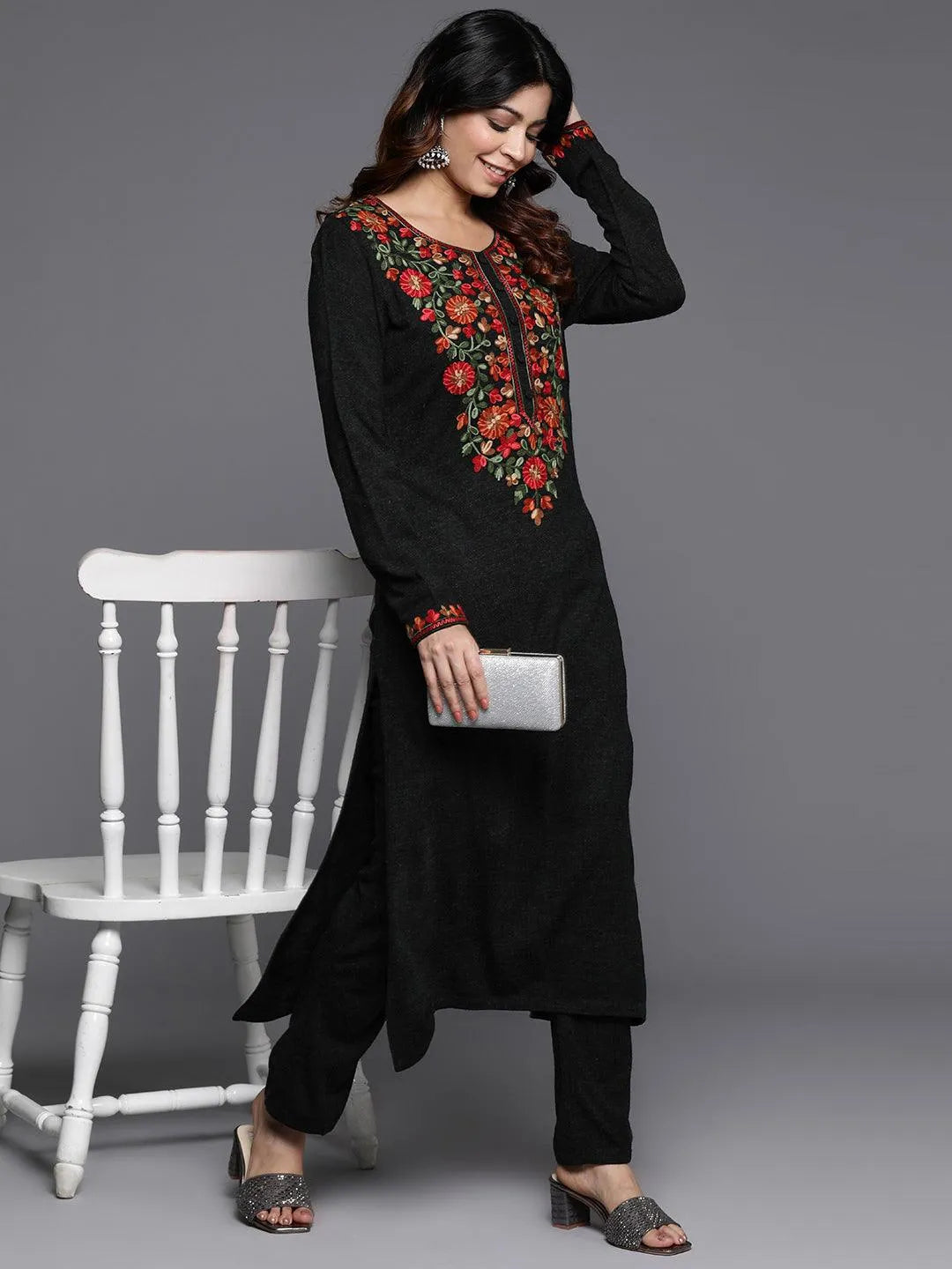 Black Yoke Design Wool Straight Kurta Set - Libas