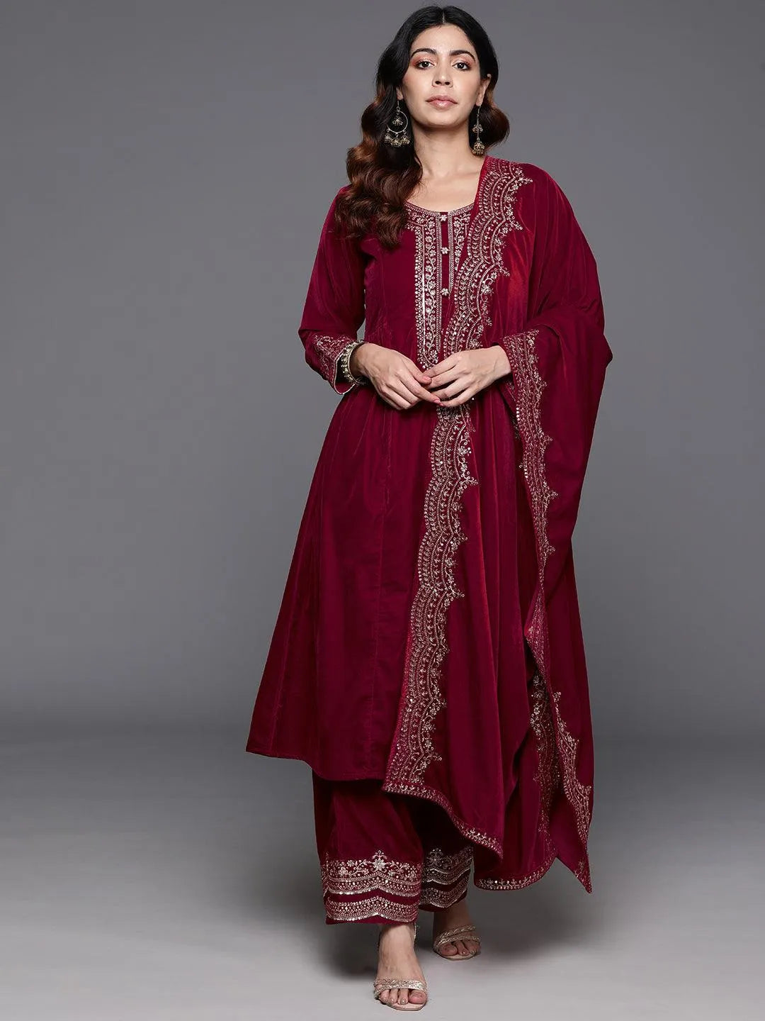  Red Yoke Design Velvet A-Line Kurta With Palazzos & Dupatta 