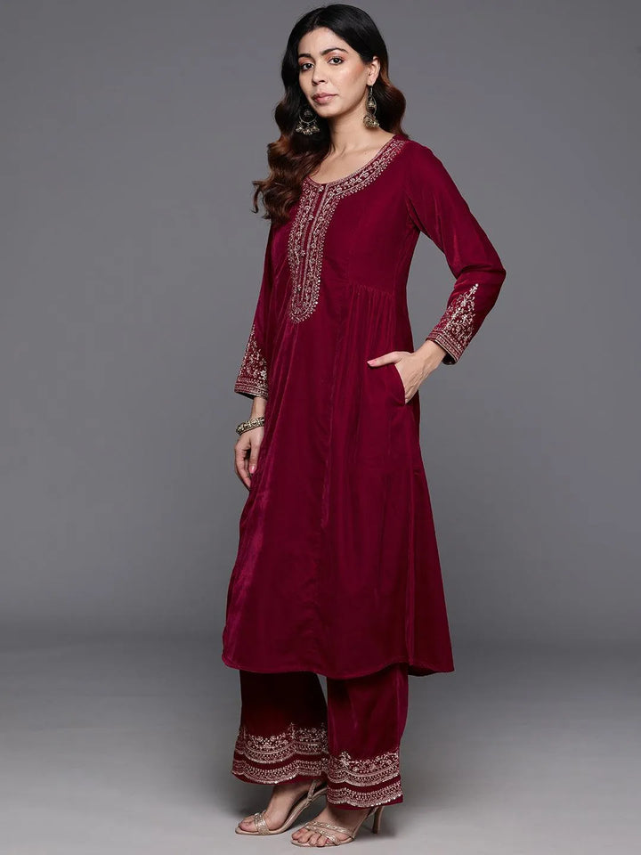 Red Yoke Design Velvet A-Line Kurta With Palazzos & Dupatta - Libas