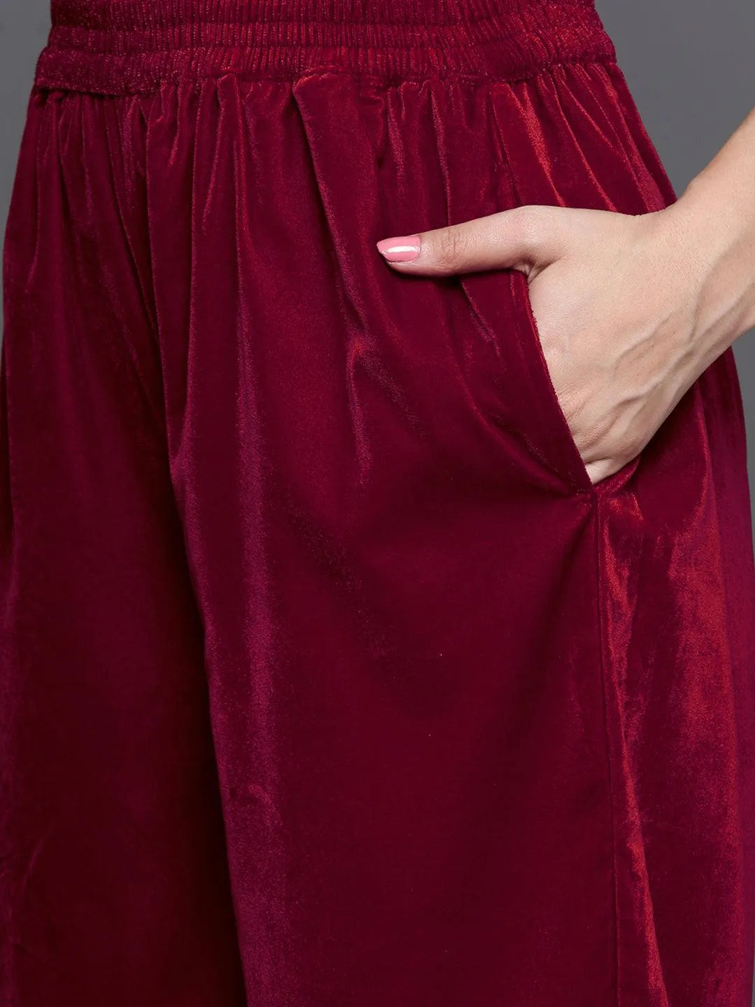 Red Yoke Design Velvet A-Line Kurta With Palazzos & Dupatta - Libas 