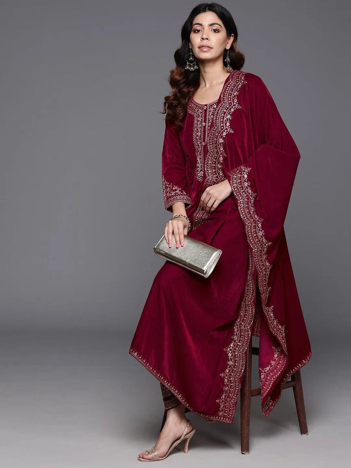 Red Yoke Design Velvet A-Line Kurta With Palazzos & Dupatta - Libas