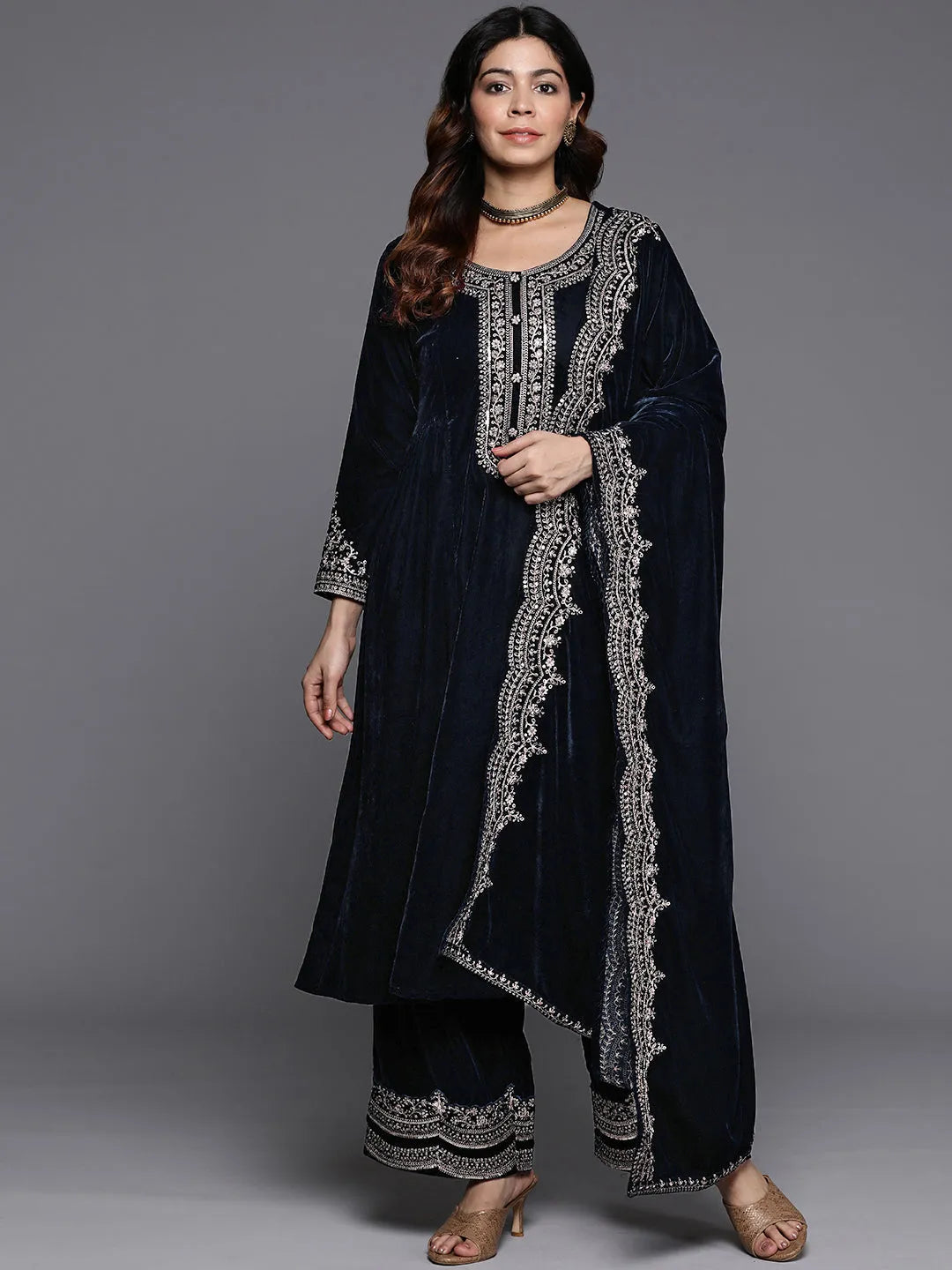  Navy Yoke Design Velvet A-Line Kurta With Palazzos & Dupatta 