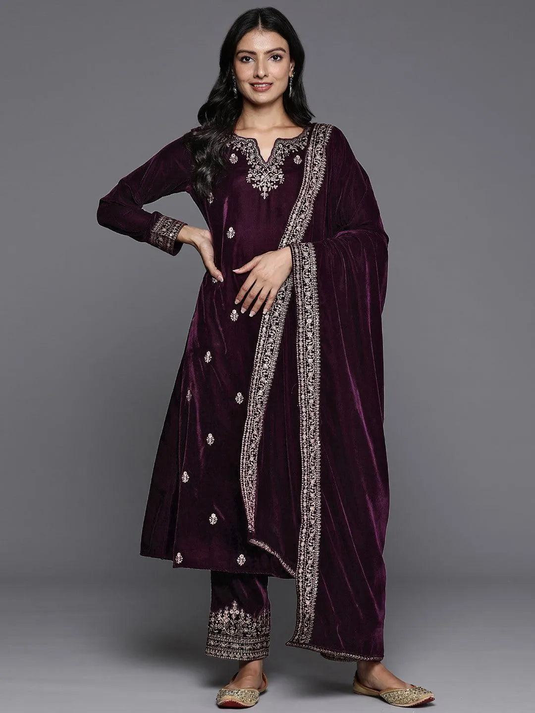 Purple Embroidered Velvet A-Line Kurta With Trousers & Dupatta - Libas 