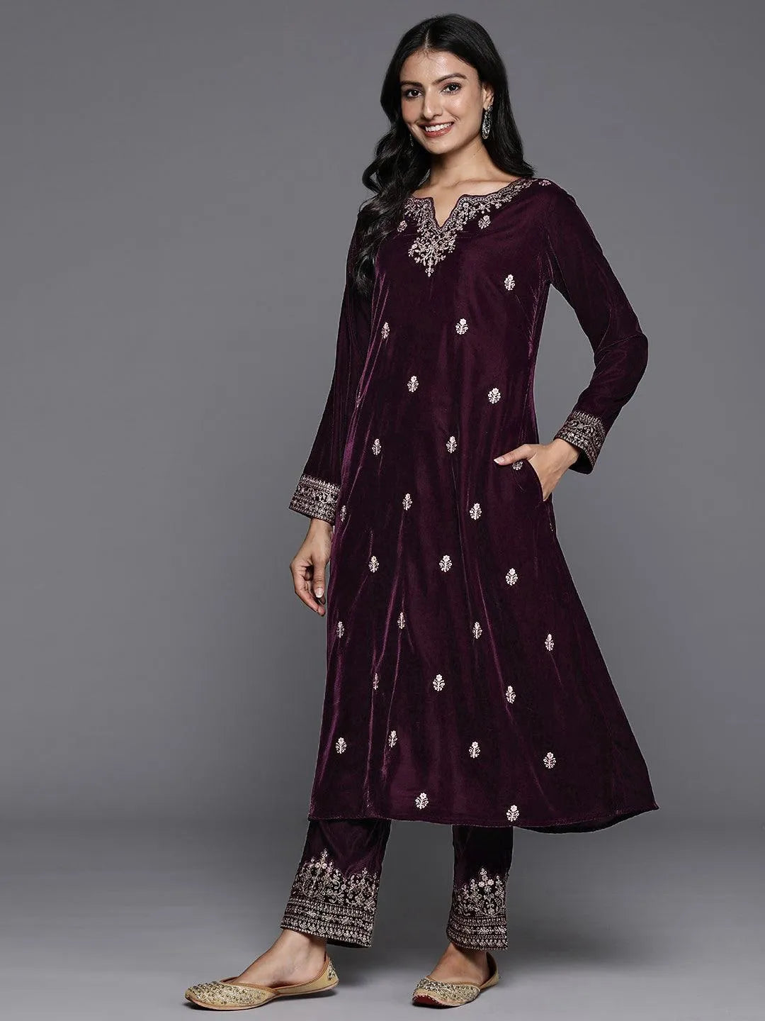 Purple Embroidered Velvet A-Line Kurta With Trousers & Dupatta - Libas 