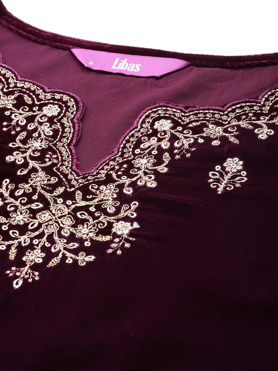 Purple Embroidered Velvet A-Line Kurta With Trousers & Dupatta