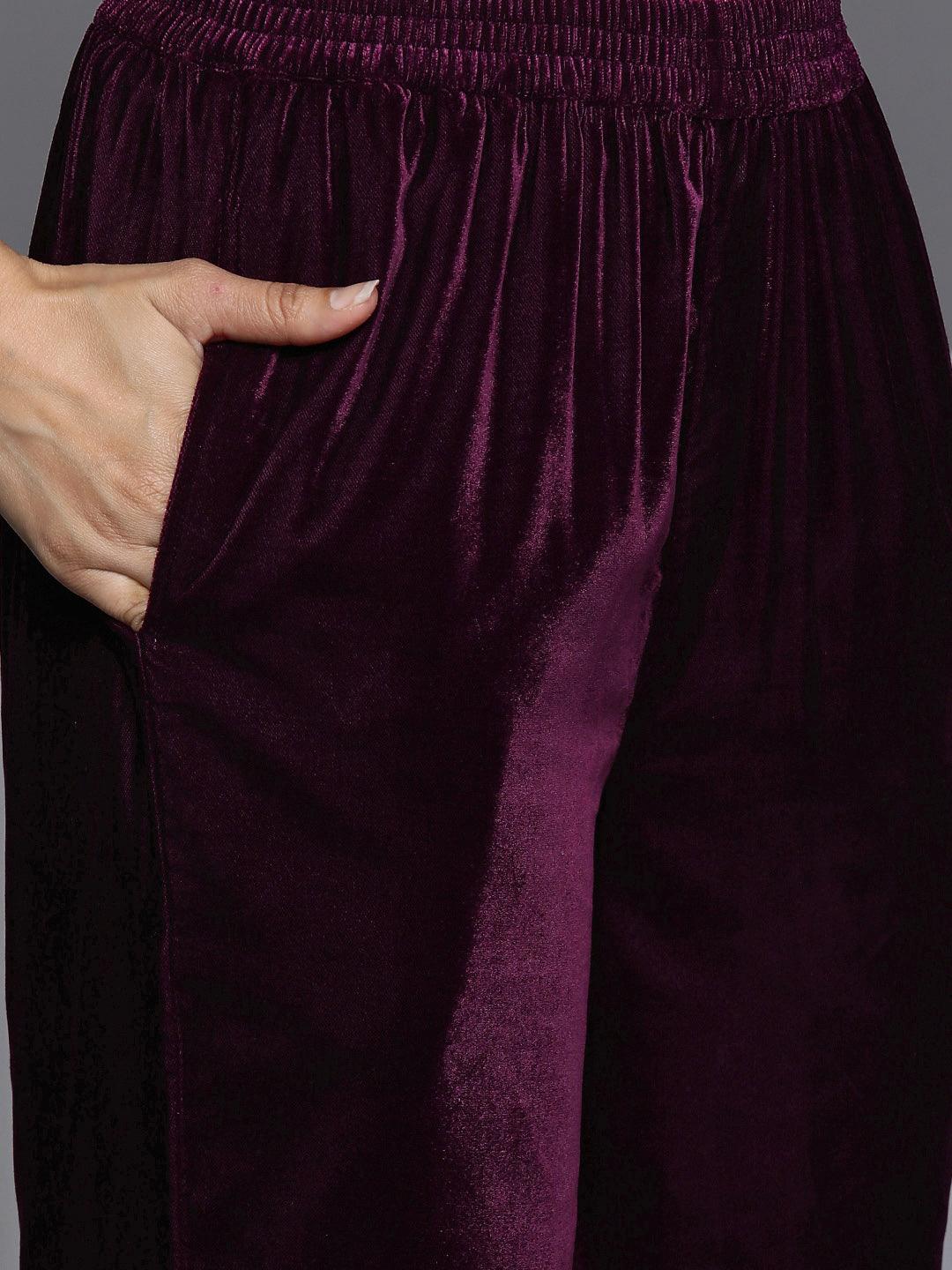 Purple Embroidered Velvet A-Line Kurta With Trousers & Dupatta