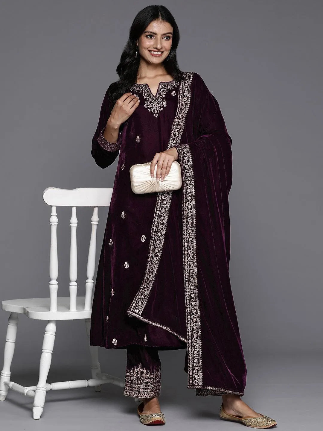  Purple Embroidered Velvet A-Line Kurta With Trousers & Dupatta 