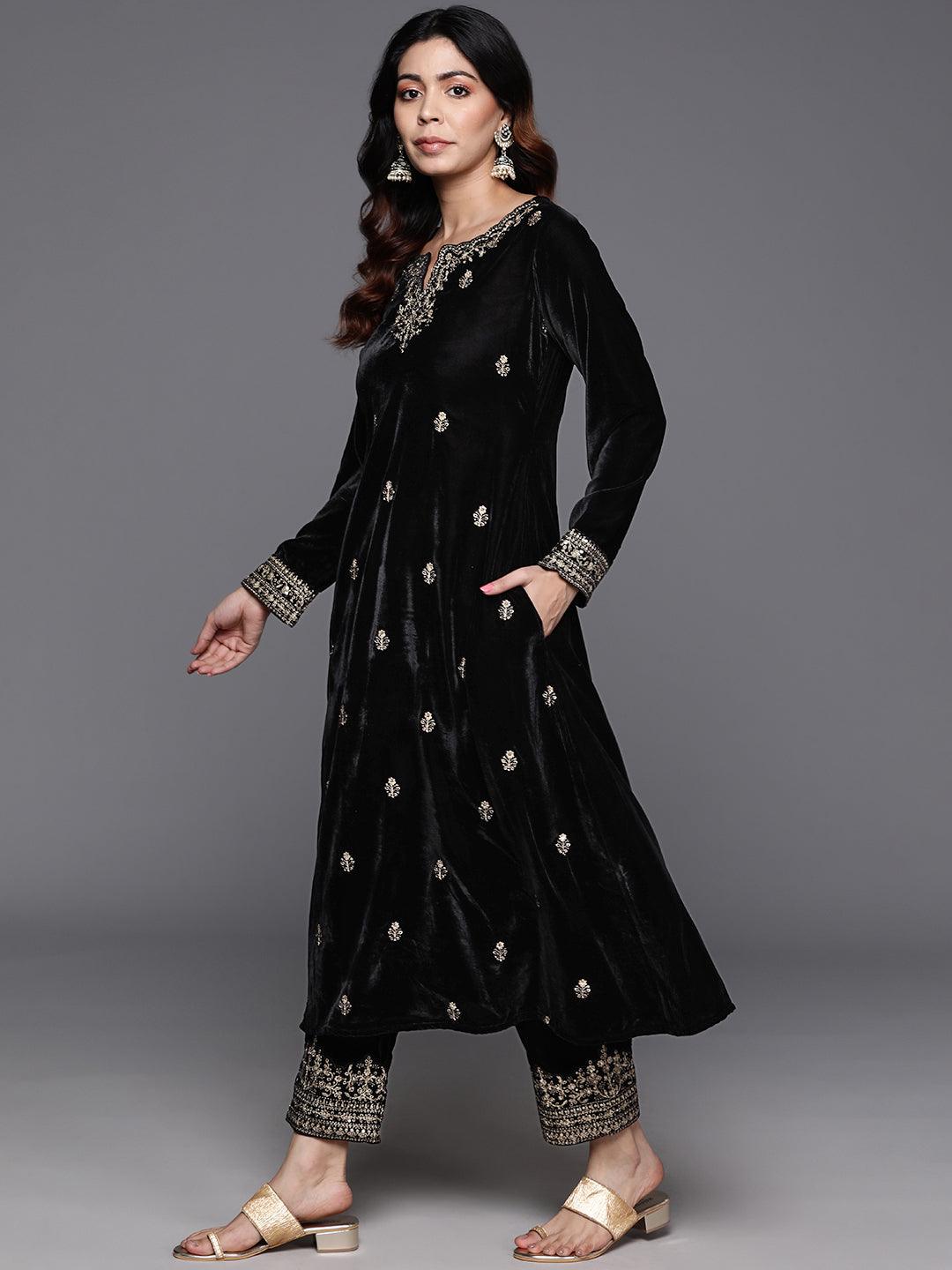Black Embroidered Velvet A-line Kurta With Trousers & Dupatta
