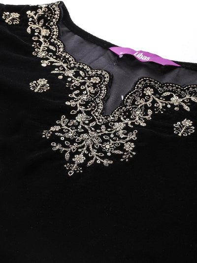 Black Embroidered Velvet A-line Kurta With Trousers & Dupatta - Libas