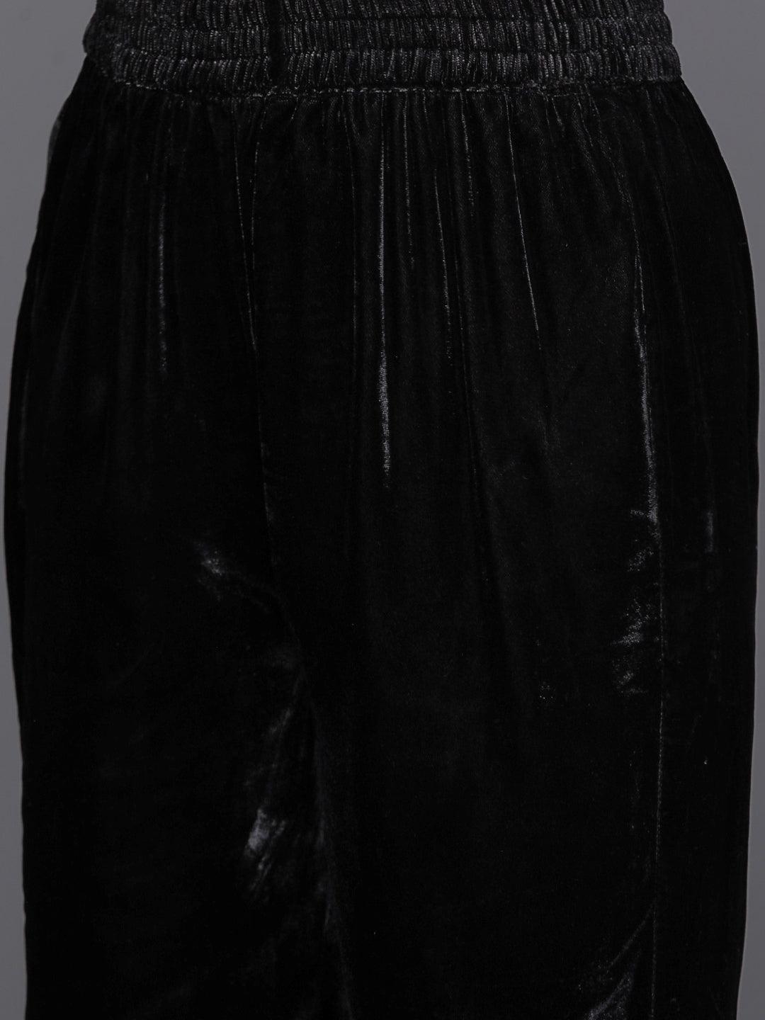 Black Embroidered Velvet A-line Kurta With Trousers & Dupatta