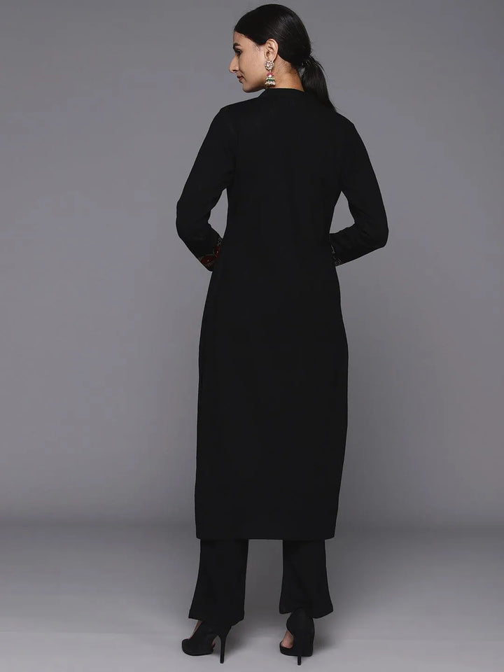 Black Yoke Design Wool Straight Kurta With Trousers - Libas