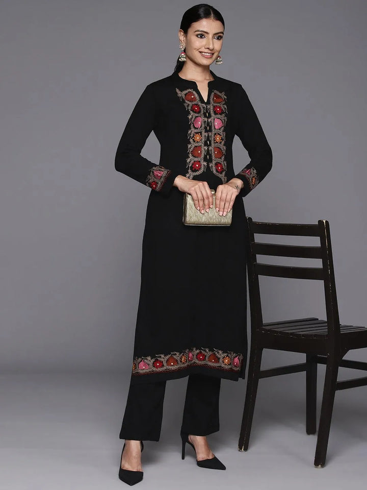 Black Yoke Design Wool Straight Kurta With Trousers - Libas