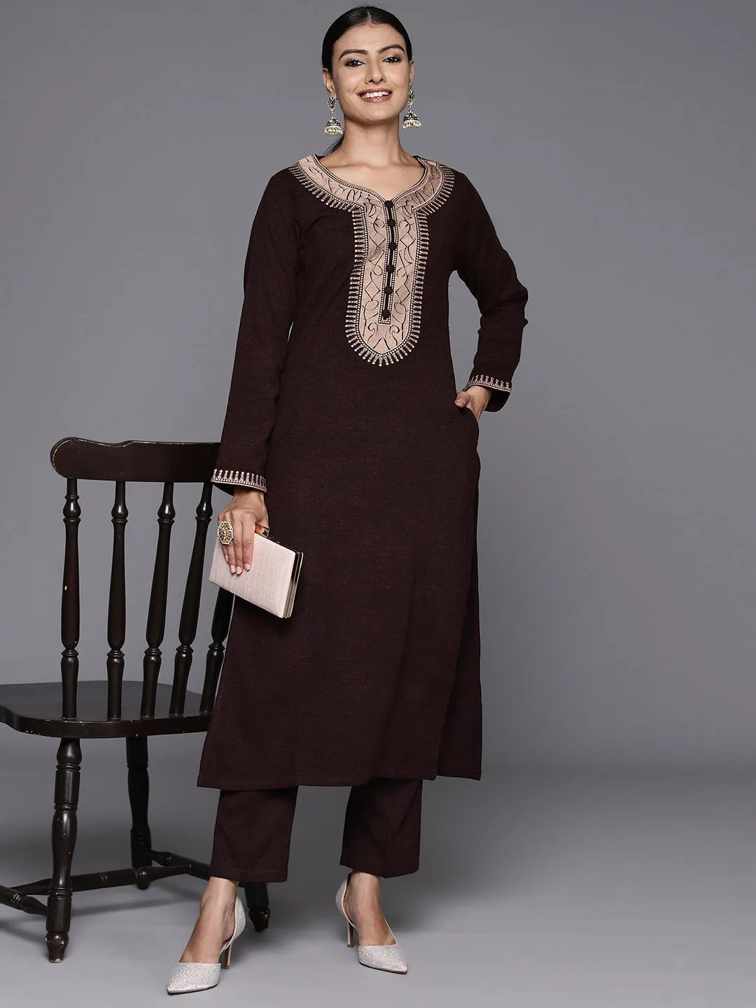  Rust Yoke Design Wool Straight Kurta Set 
