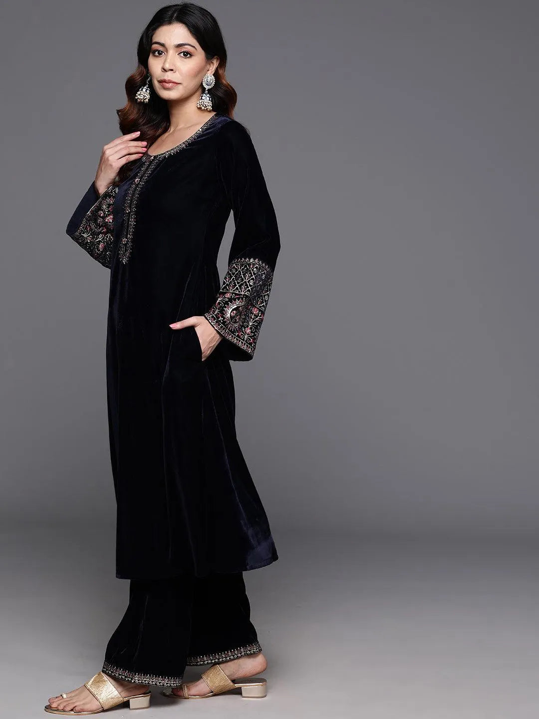 Navy Yoke Design Velvet A-Line Kurta With Palazzos & Dupatta - Libas 