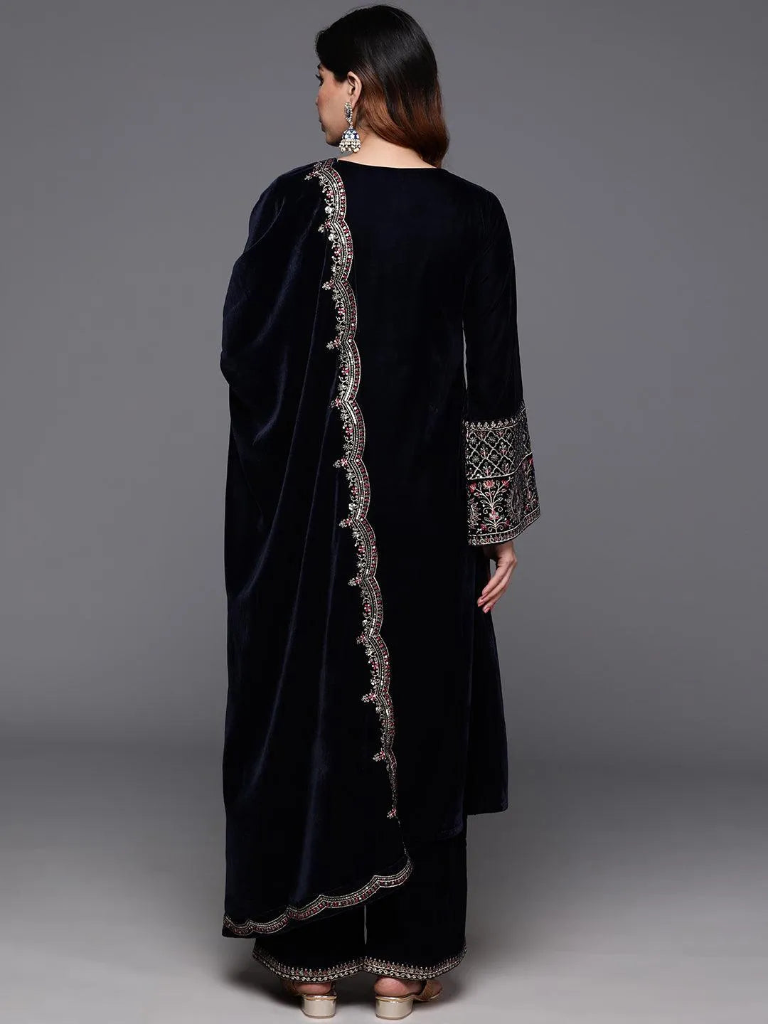 Navy Yoke Design Velvet A-Line Kurta With Palazzos & Dupatta - Libas 