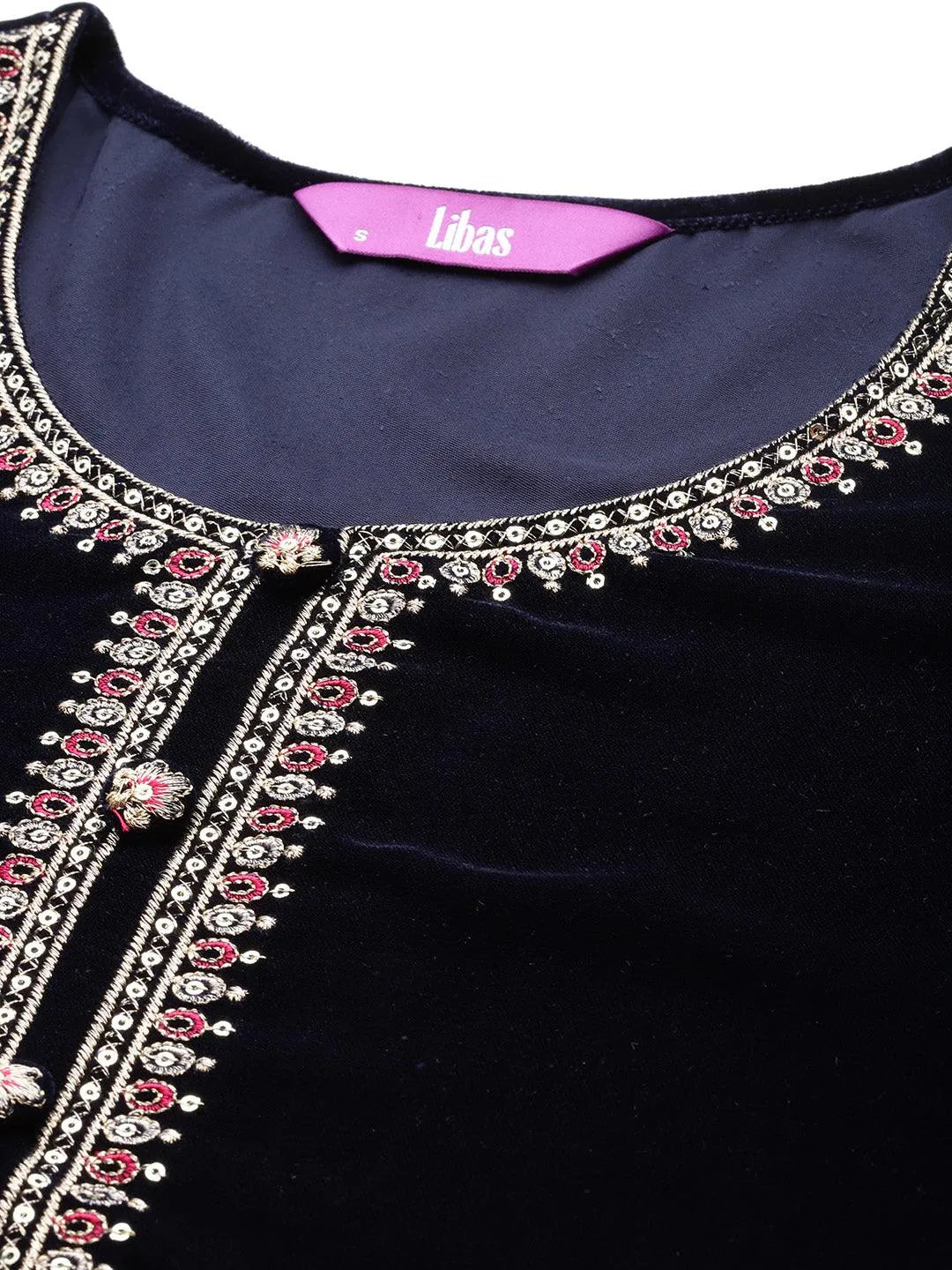 Navy Yoke Design Velvet A-Line Kurta With Palazzos & Dupatta - Libas 